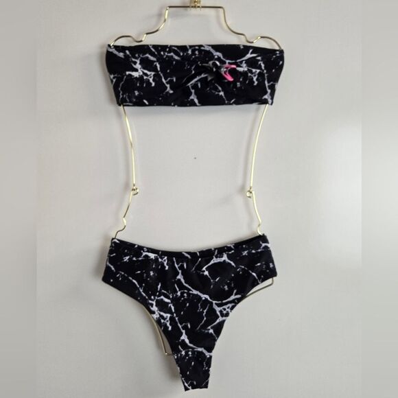 Zaful Marble Print Bikini Set Bandea Top High Waist Cheeky Bottoms Sz M … - Picture 4 of 7